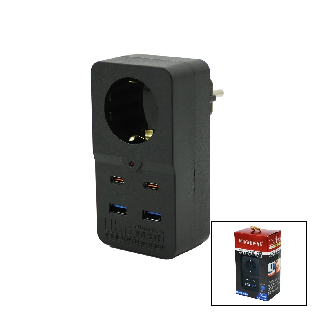 Termal Akım Korumalı  1xpriz 2x Usb 2x Type-c Duvar Tipi Priz Siyah 10a - 2500w Bx40