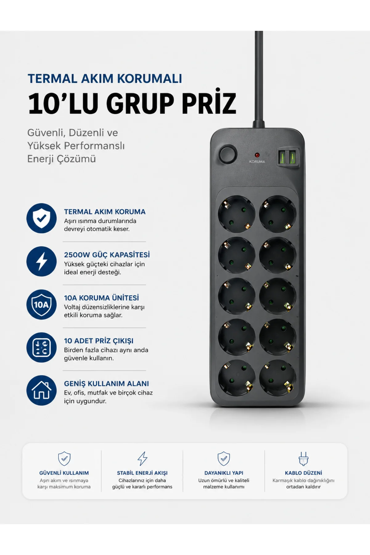 Termal Akım Korumalı USB Type-C Girişli 10'lu Grup Priz 2500W Güç Kapasitesi (Kopya) Termal Akım Korumalı USB Type-C Girişli 10'lu Grup Priz 2500W Güç Kapasitesi (Kopya)
