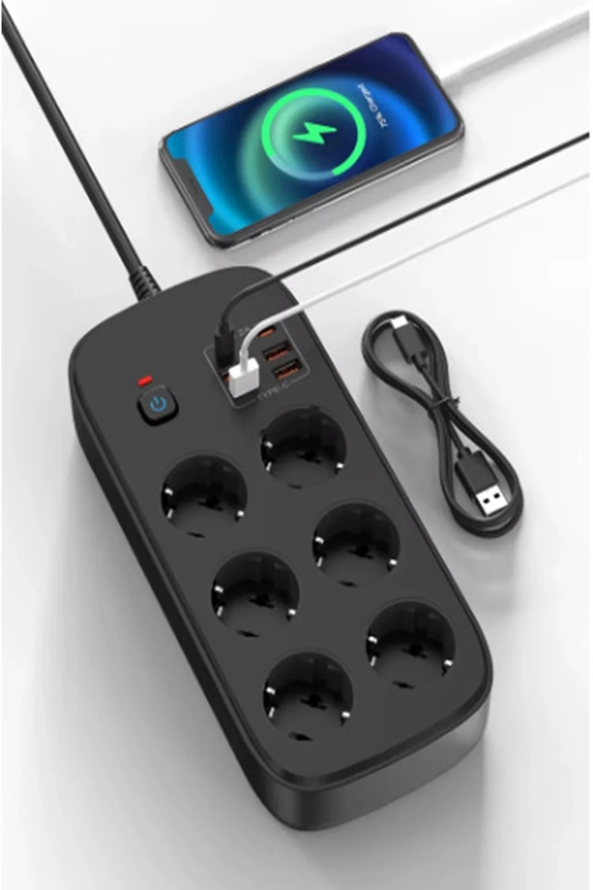 Termal Akım Korumalı 6’Lü Priz 4X Usb 2X Type-C Çıkışlı Grup Priz Çoğaltıcı (3500W) Siyah Termal Akım Korumalı 6’Lü Priz 4X Usb 2X Type-C Çıkışlı Grup Priz Çoğaltıcı (3500W) Siyah - Görsel 2