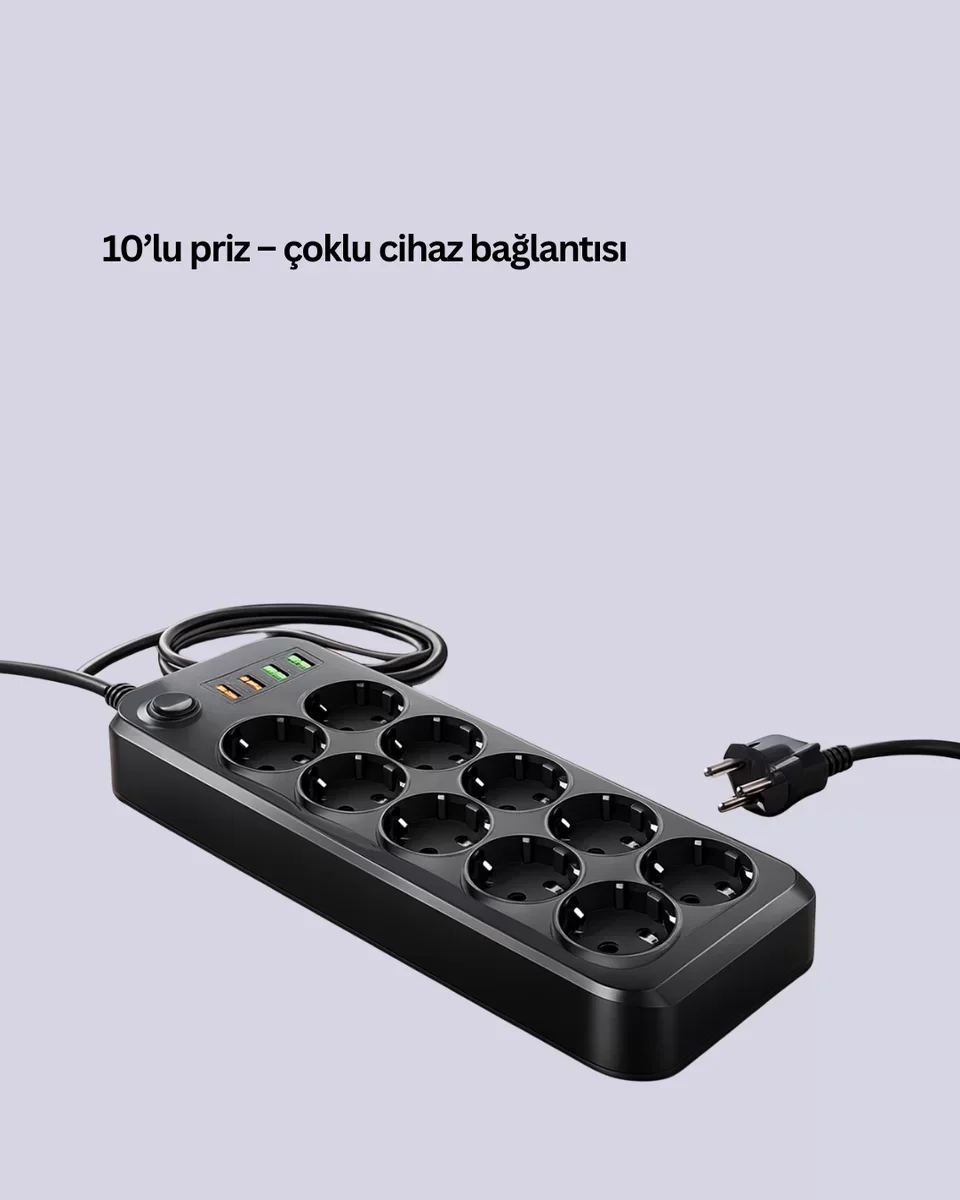 Termal Akım Korumalı USB Type-C Girişli 10'lu Grup Priz 2500W Güç Kapasitesi (Kopya)