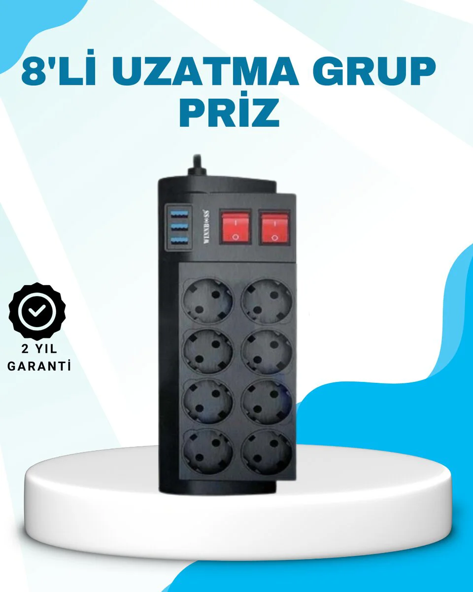Termal Akım Korumalı 8'li Priz ve 3 USB Uzatma Kablosu - 16A 4000W Güvenli Enerji Dağıtım