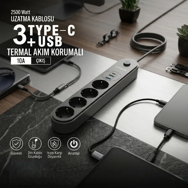 Termal Akım Korumalı 4 Prizli USB Girişli Uzatma Kablosu Termal Akım Korumalı 4 Prizli USB Girişli Uzatma Kablosu
