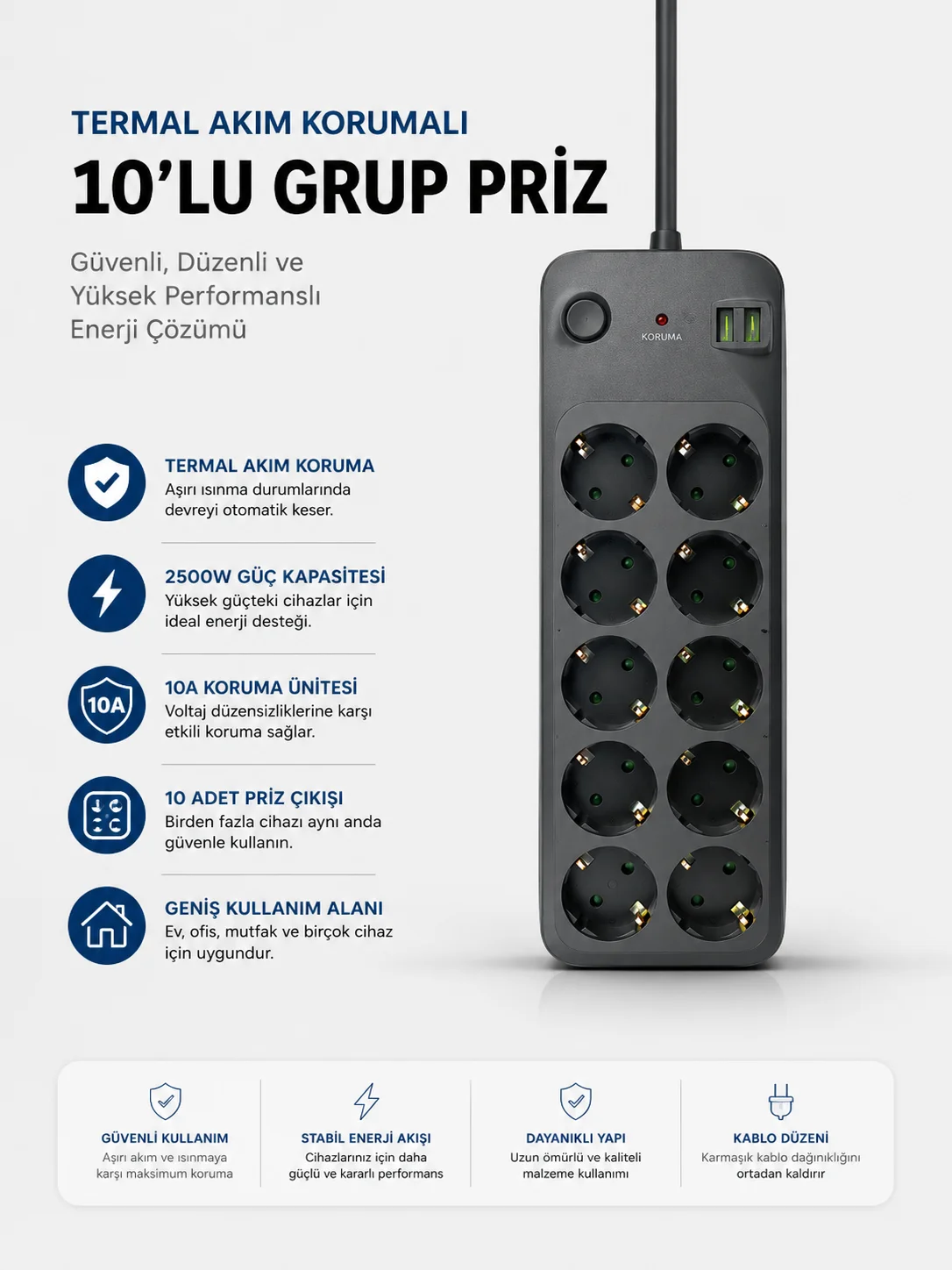Termal Akım Korumalı USB Type-C Girişli 10'lu Grup Priz 2500W Güç Kapasitesi (Kopya)