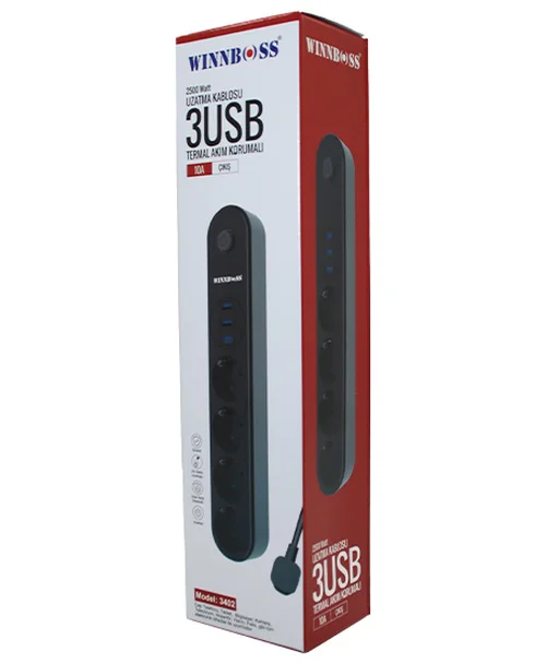 Termal Akım Korumalı 4LÜ Priz 3XUSB 2MT Anahtarlı Uzatma Kablo Siyah 10A - 2500W Termal Akım Korumalı 4LÜ Priz 3XUSB 2MT Anahtarlı Uzatma Kablo Siyah 10A - 2500W