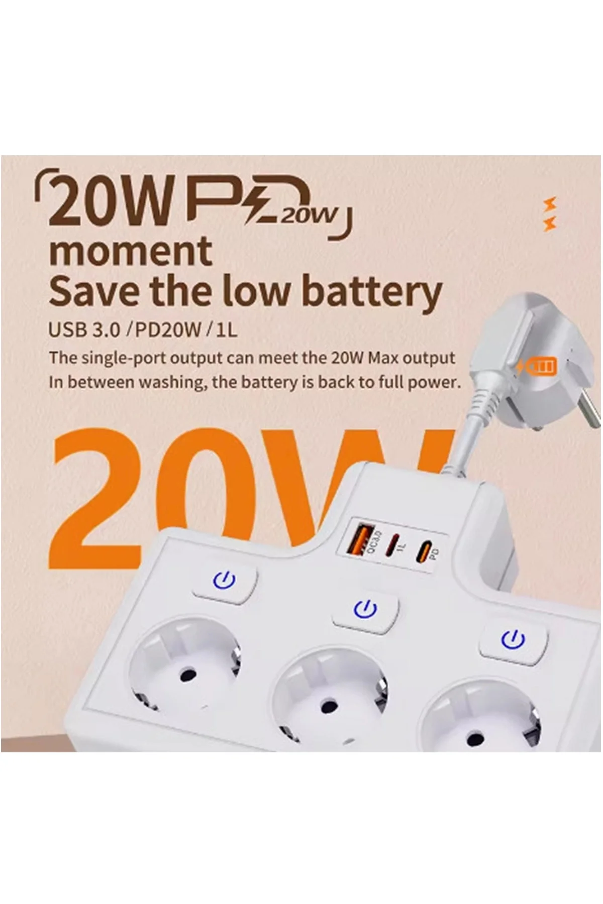 Termal Akım Korumalı 3’Lü Duvar Tipi Priz 1X Usb 2X Type-C Çıkışlı Grup Priz Çoğaltıcı (3500W) - Görsel 4