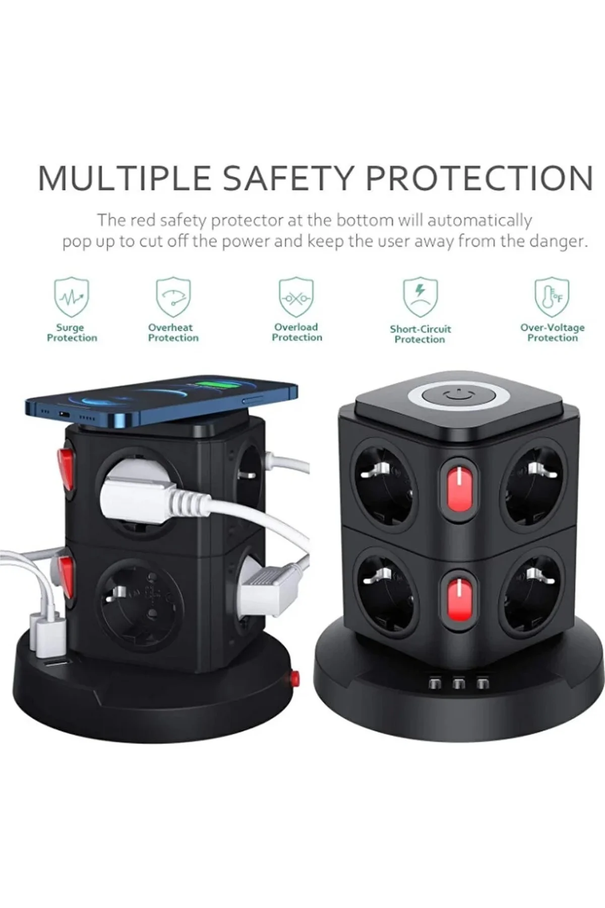Termal Akım Korumalı Isıya Dayanıklı 3 USB 8 Priz ve Wireless Kablosuz Şarj 2.4 Amper Kablolu Priz Termal Akım Korumalı Isıya Dayanıklı 3 USB 8 Priz ve Wireless Kablosuz Şarj 2.4 Amper Kablolu Priz