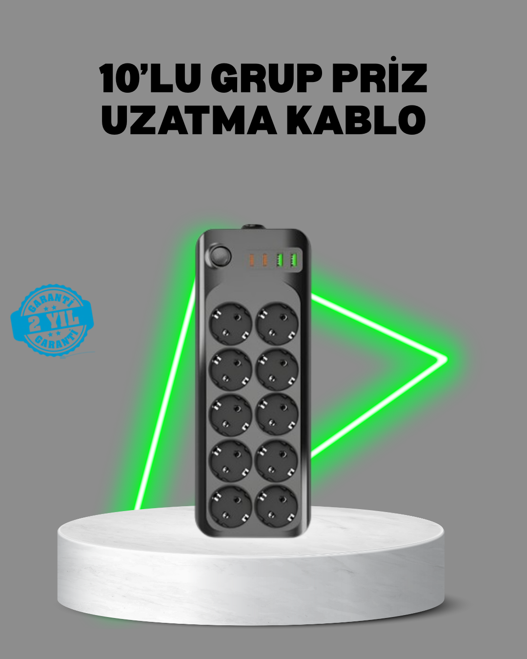 Termal Akım Korumalı 10’lu Grup Priz USB Type-C Hızlı Şarj 2500W 