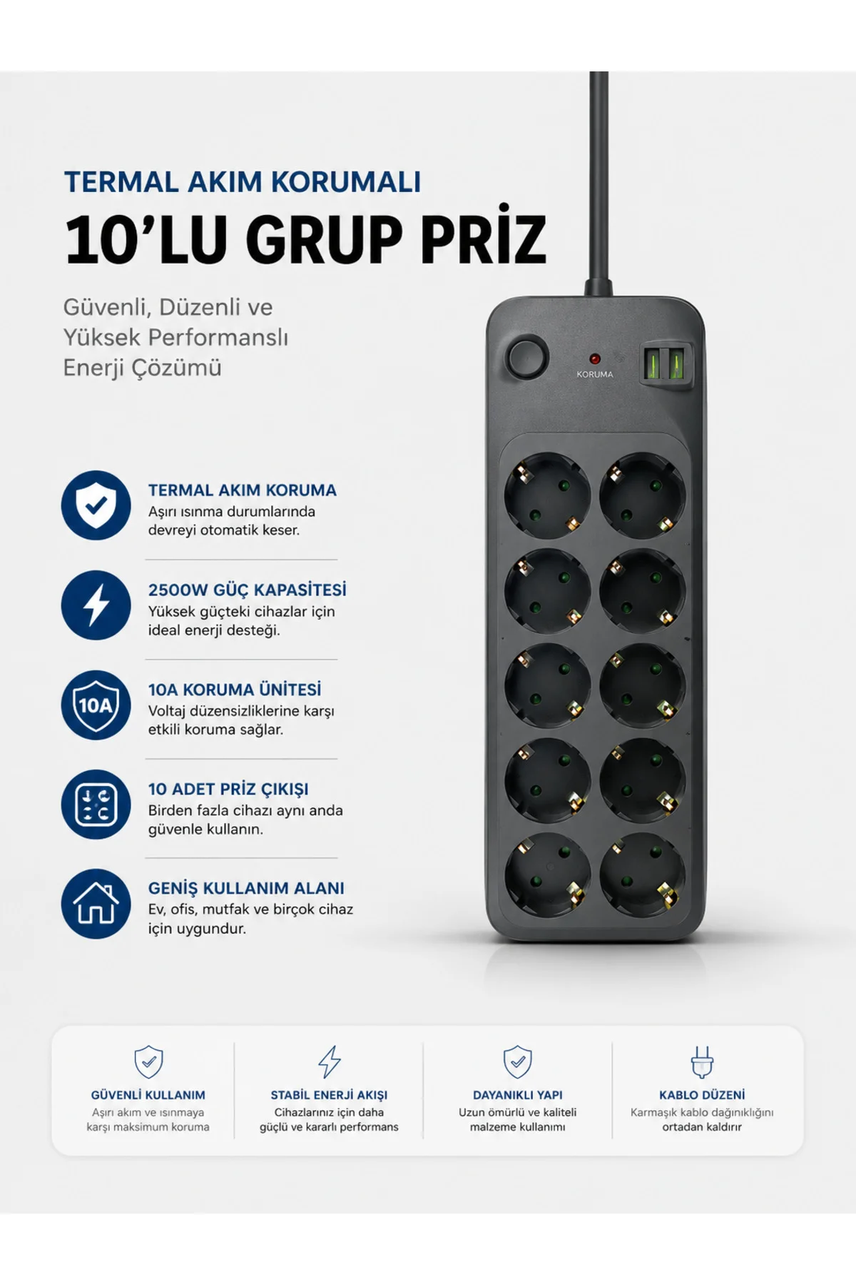 Termal Akım Korumalı USB Type-C Girişli 10'lu Grup Priz 2500W Güç
