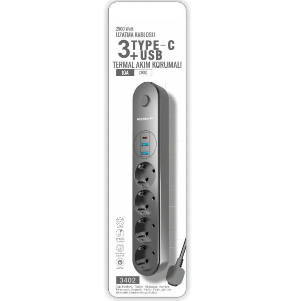 Termal Akım Korumalı 4 Prizli USB Girişli Uzatma Kablosu