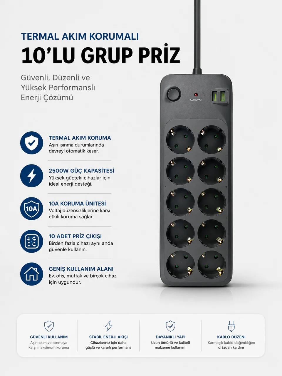 Termal Akım Korumalı Usb Type-c Girişli 10'lu Grup Priz 2500w Güç Kapasitesi Kopya - Lisinya Diğer