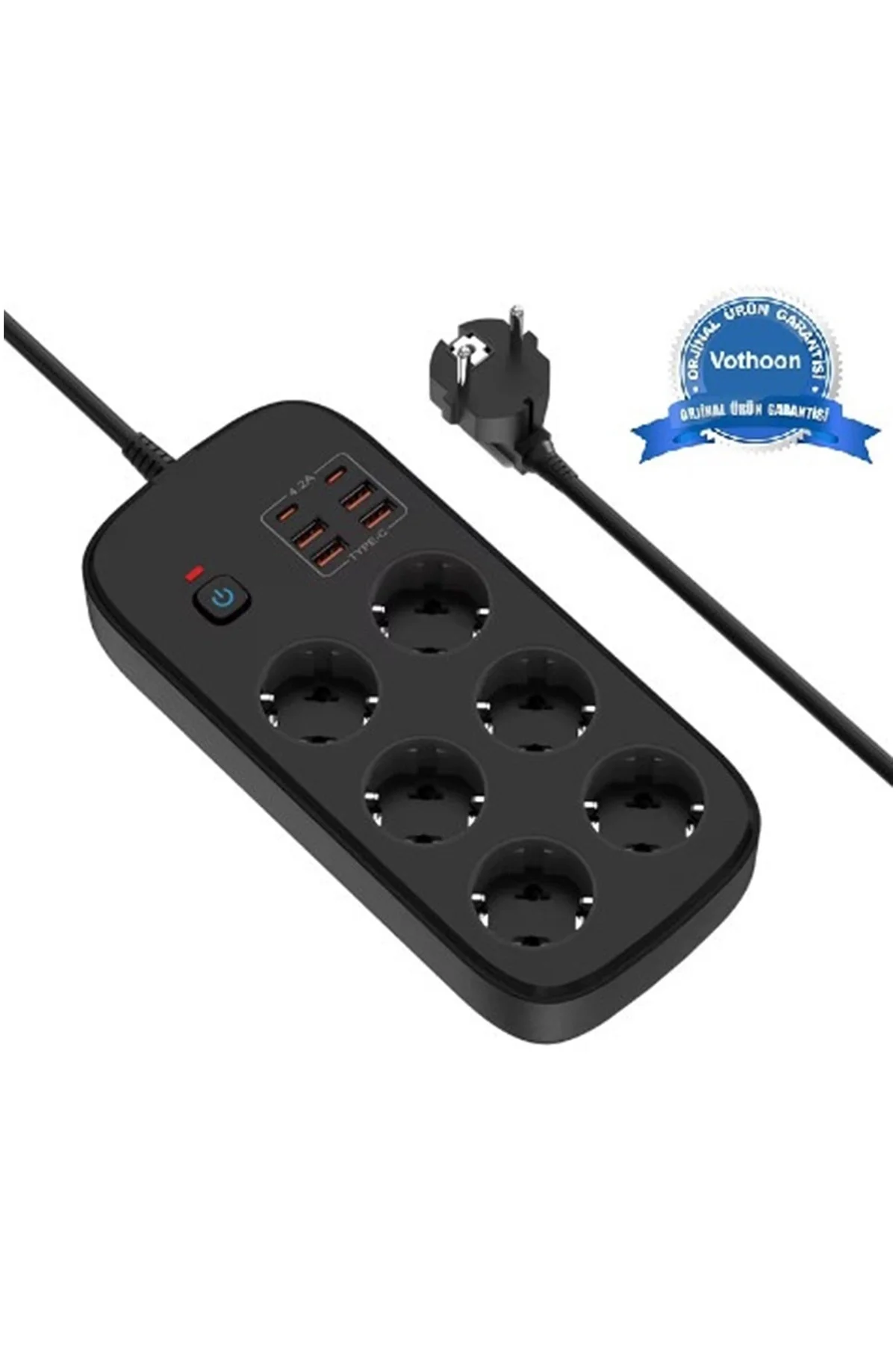 Termal Akım Korumalı 6’Lü Priz 4X Usb 2X Type-C Çıkışlı Grup Priz Çoğaltıcı (3500W) Siyah Termal Akım Korumalı 6’Lü Priz 4X Usb 2X Type-C Çıkışlı Grup Priz Çoğaltıcı (3500W) Siyah