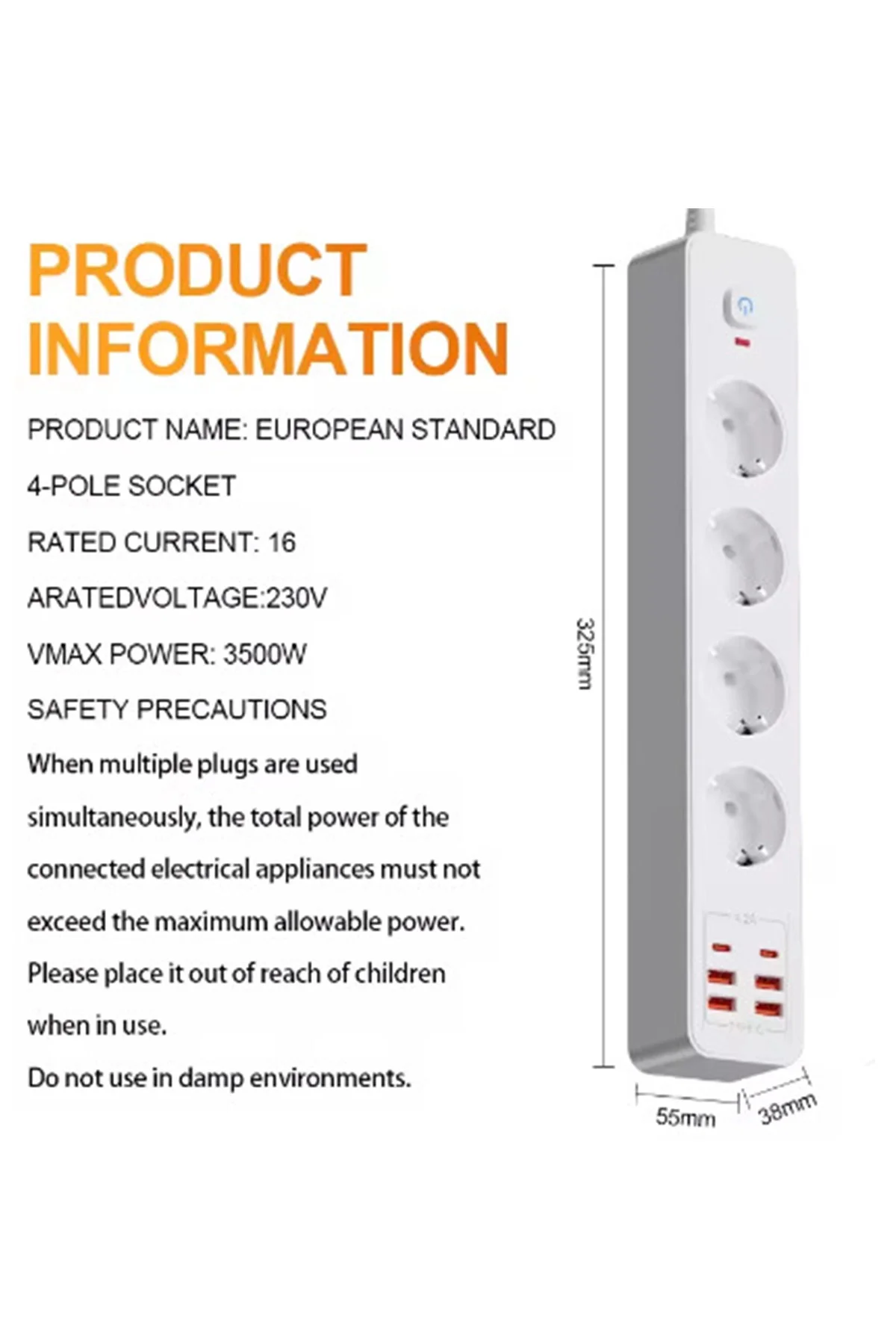 Termal Akım Korumalı 4’lü Priz 4x USB 2x Type-C Çıkışlı Grup Priz Çoğaltıcı (3500W) - Görsel 5