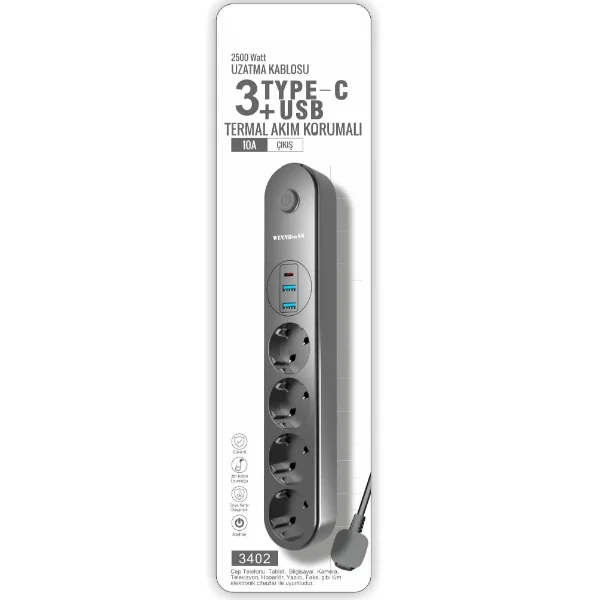 Termal Akım Korumalı 4 Prizli USB Girişli Uzatma Kablosu