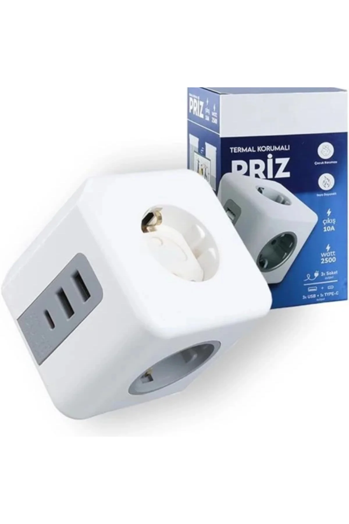 Termal Akım Korumalı 3'Lü Duvar Küp Priz, 2Xusb 1Xtype C (Tip C), Çocuk Korumalı