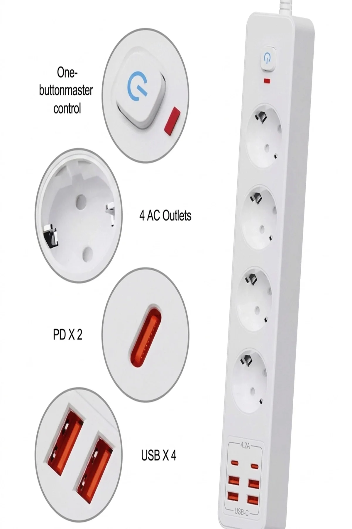 Termal Akım Korumalı 4’Lü Priz 4X Usb 2X Type-C Çıkışlı Grup Priz Çoğaltıcı (3500W) Termal Akım Korumalı 4’Lü Priz 4X Usb 2X Type-C Çıkışlı Grup Priz Çoğaltıcı (3500W)