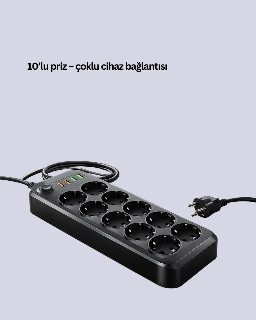 Termal Akım Korumalı 10’lu Grup Priz USB Type-C Hızlı Şarj 2500W 2m Kablo