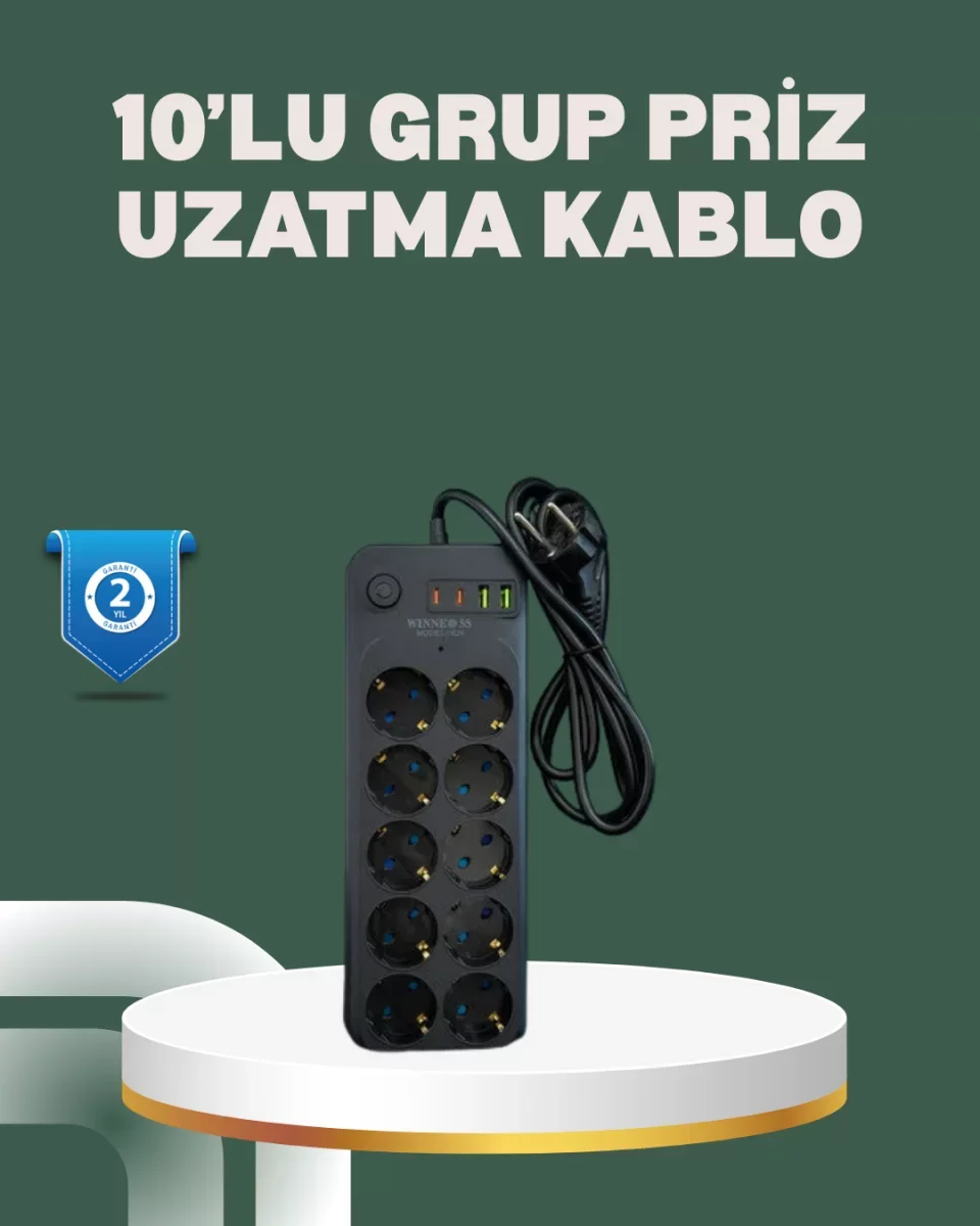 Termal Koruma Sistemli USB Type-C 10’lu Grup Priz 2m 2500W Güç Kapasiteli - Lisinya