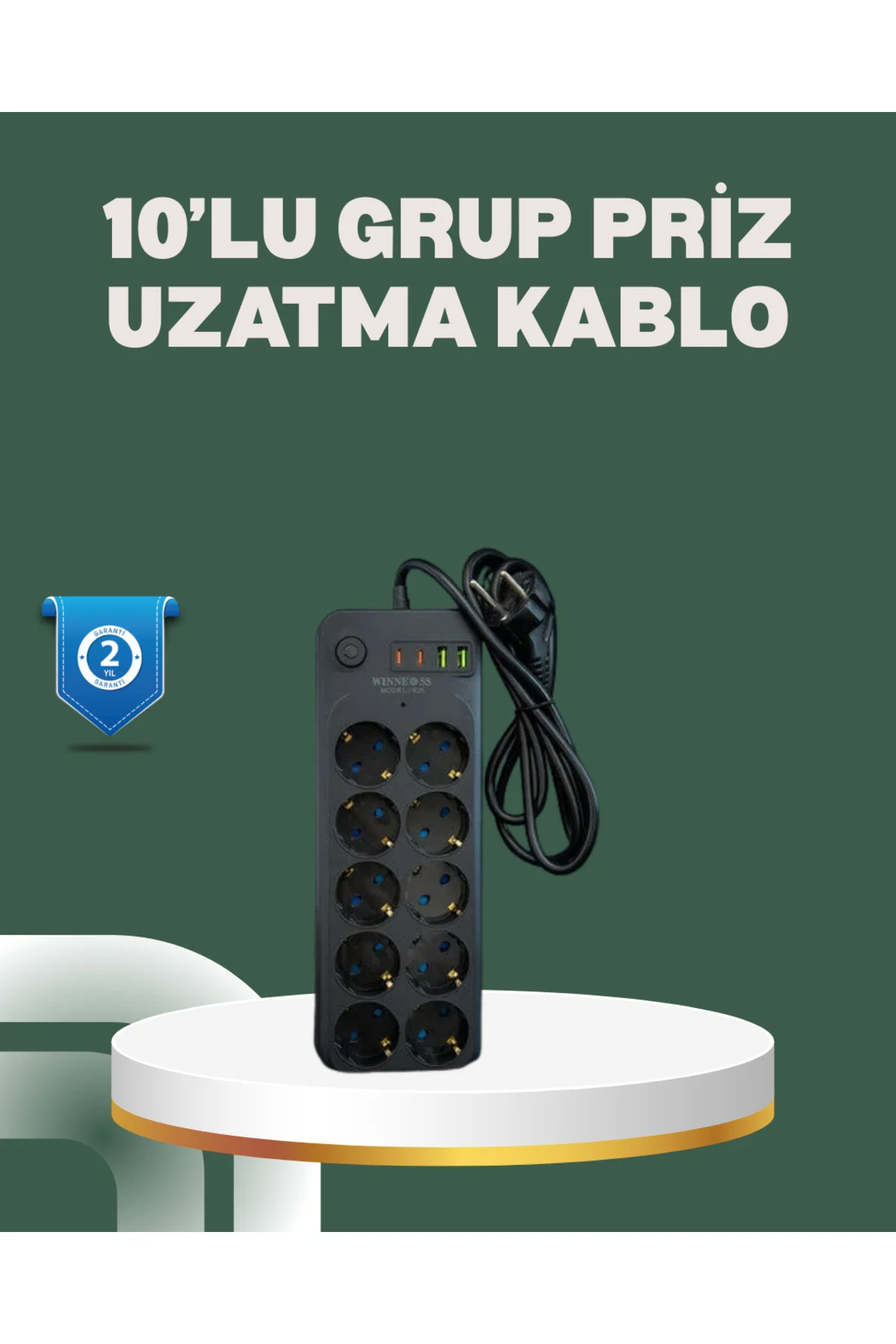 Termal Koruma Sistemli USB Type-C 10’lu Grup Priz 2m 2500W Güç Ka