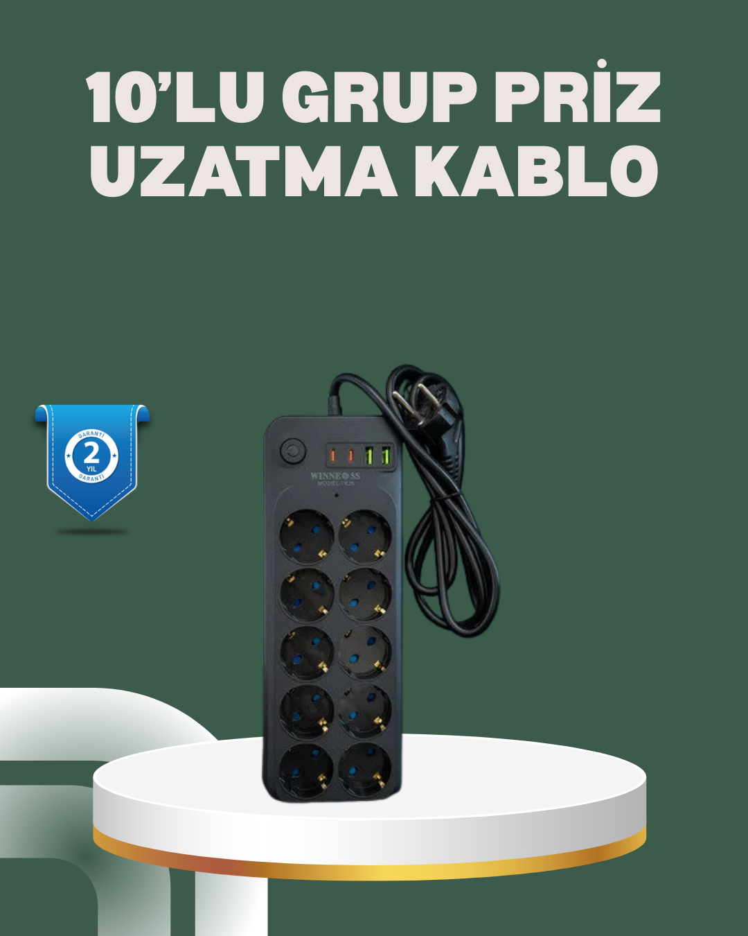 Termal Koruma Sistemli USB Type-C 10’lu Grup Priz 2m 2500W Güç Ka