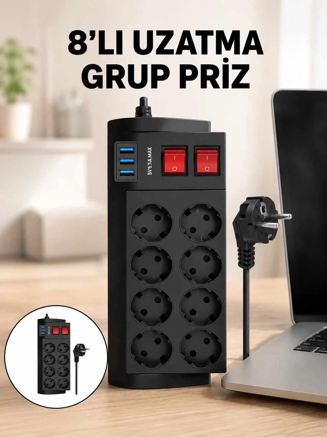 Termal Korumalı 8 Prizli 3 USB’li Uzatma Kablosu Yeni Nesil Fiyatı, Yorumları ve Özellikleri