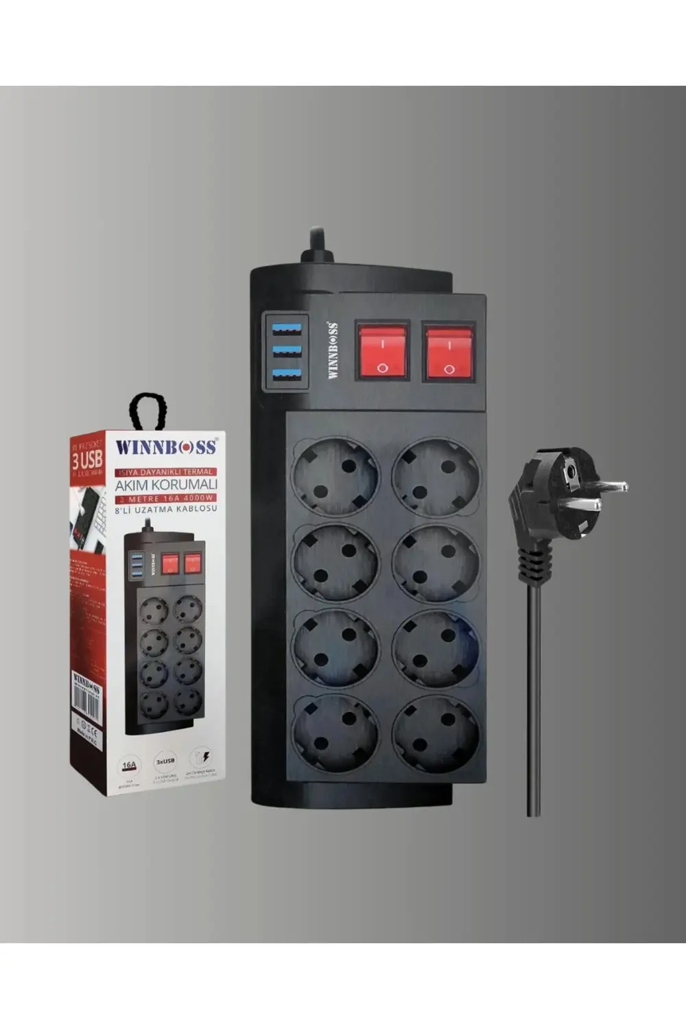 Termal Korumalı 8 Prizli 3 USB’li Uzatma Kablosu