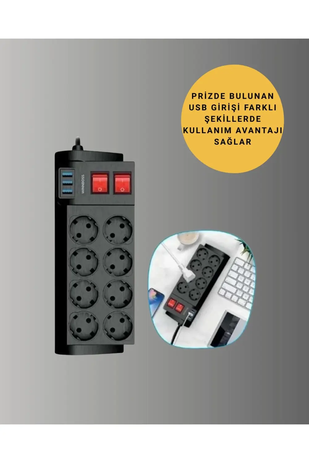 Termal Korumalı 8 Prizli 3 USB’li Uzatma Kablosu