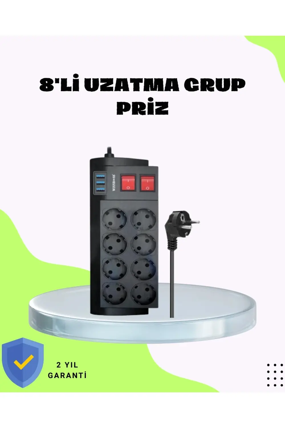 Termal Korumalı 8 Prizli 3 USB’li Uzatma Kablosu