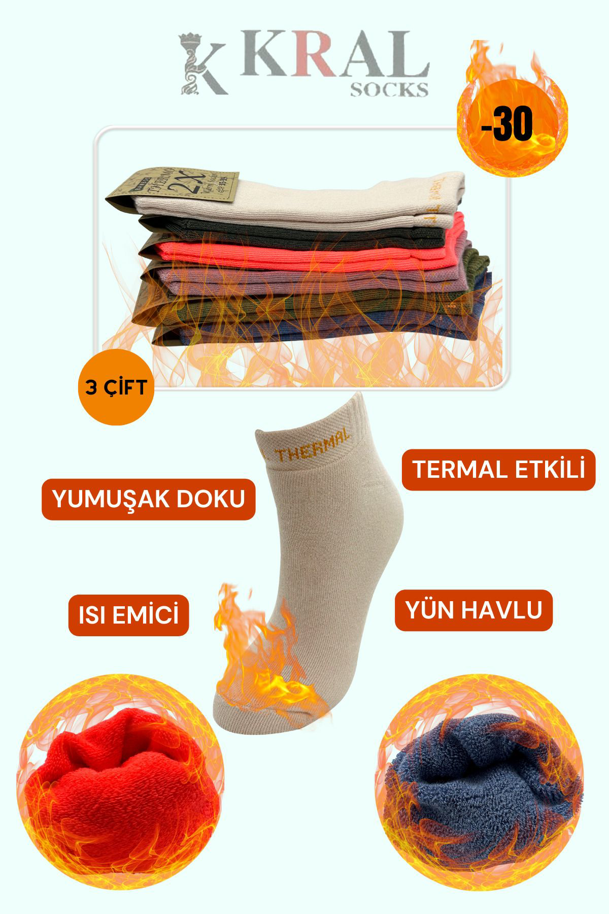 Kral Socks Termal Özellikli 2X Korumali (3 Çift) Asorti Renkli Kadin Kişlik 