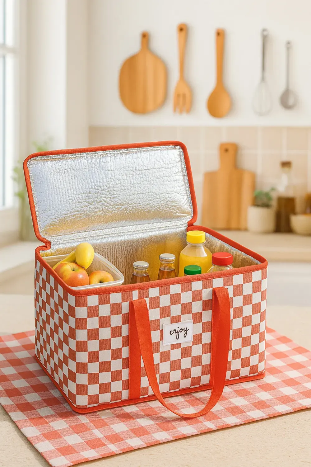 Pazar Kapısı Termo Lüks Piknik Çantası Kırmızı Ekoseli 35 X 20 X 20 Cm