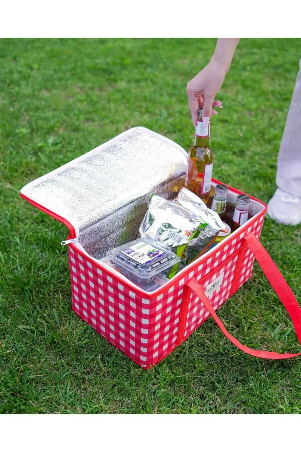 Pazar Kapısı Termo Lüks Piknik Çantası Kırmızı Ekoseli 35 X 20 X 20 Cm