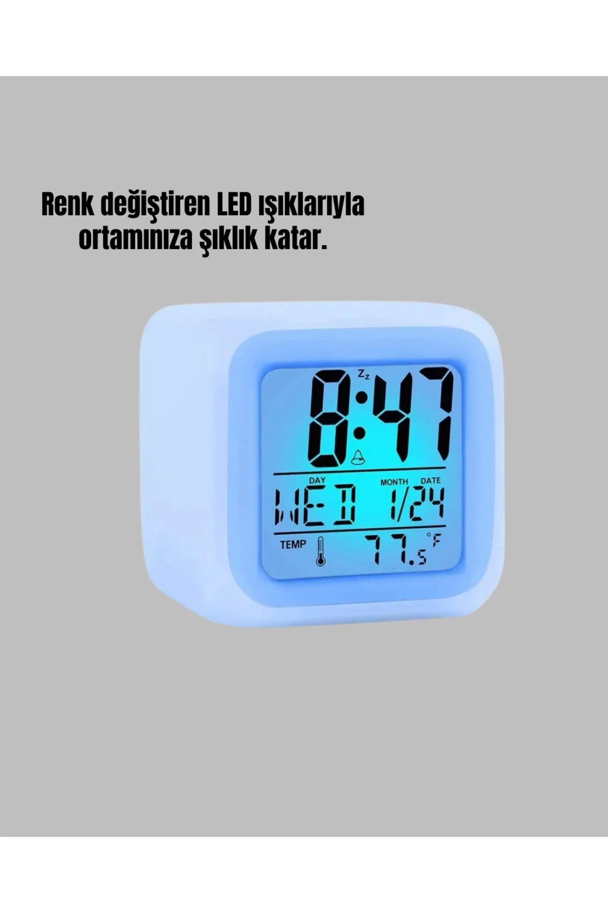 Termometre ve Takvim Özellikli 7 Renk Değiştiren Küp Alarm Saati
