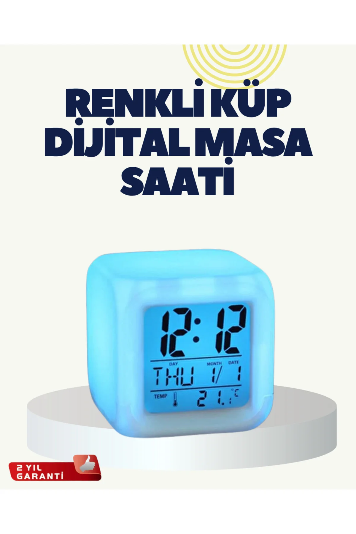 Termometre ve Takvim Özellikli 7 Renk Değiştiren Küp Alarm Saati