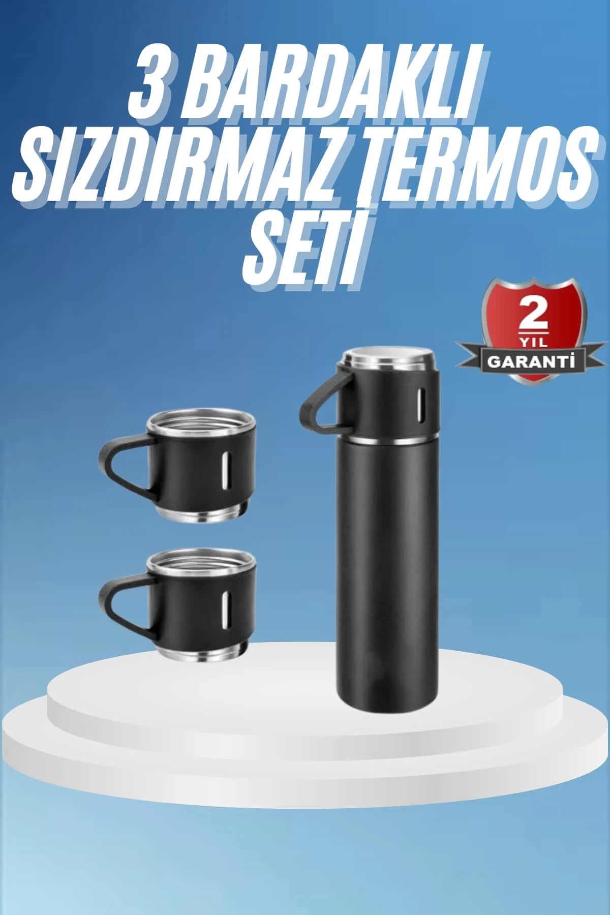 Termos Paslanmaz Çelik Termos Siyah Renk 3 Bardaklı Termos Seti