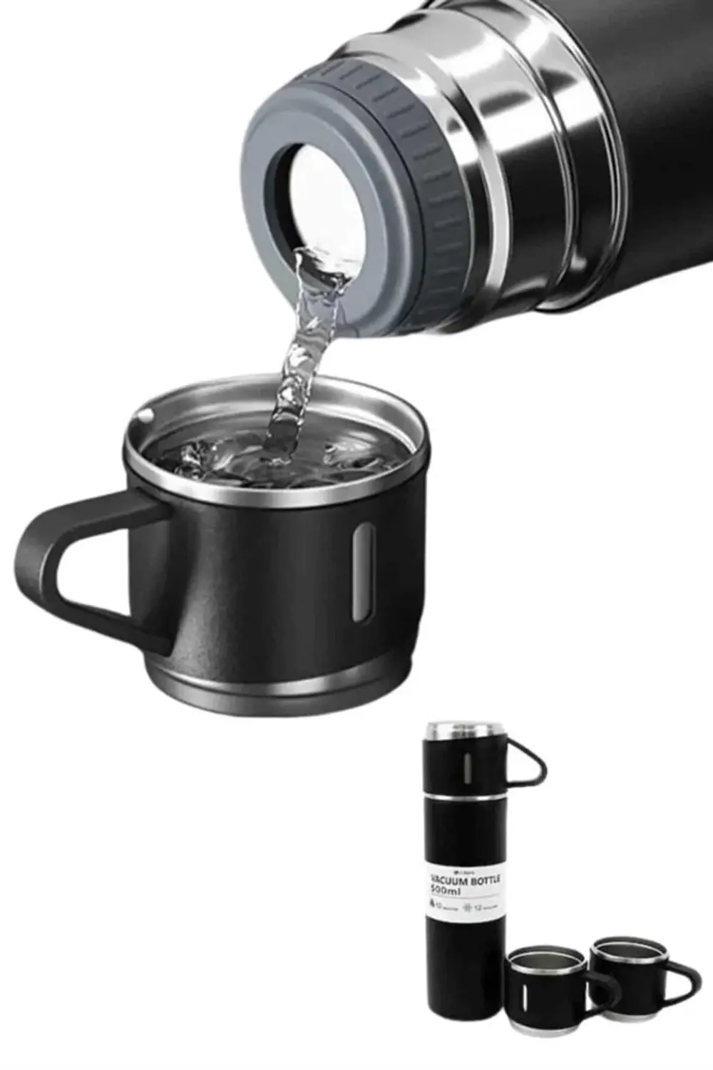 Termos Paslanmaz Çelik Termos Siyah Renk 3 Bardaklı Termos Seti