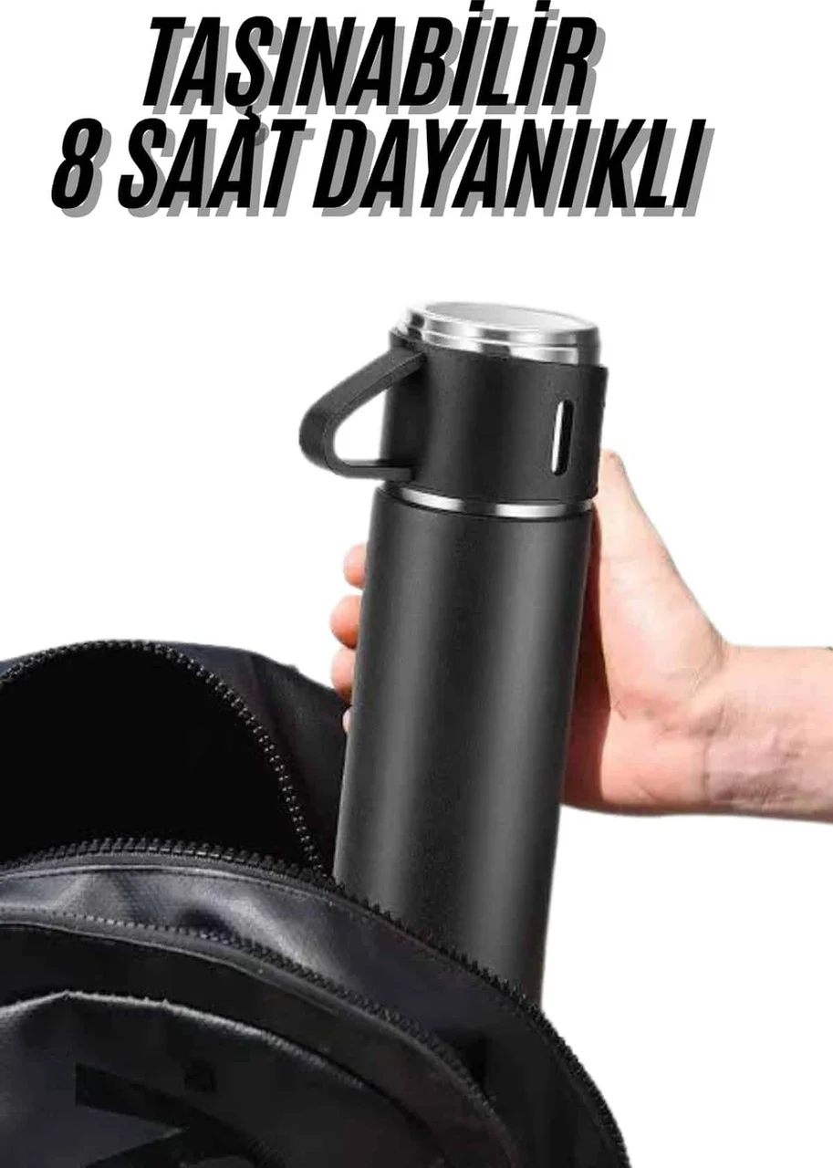Termos Seti 3'lü Bardak Seti Isı Dayanıklı Siyah Paslanmaz Çelik Vakumlu - Lisinya Diğer