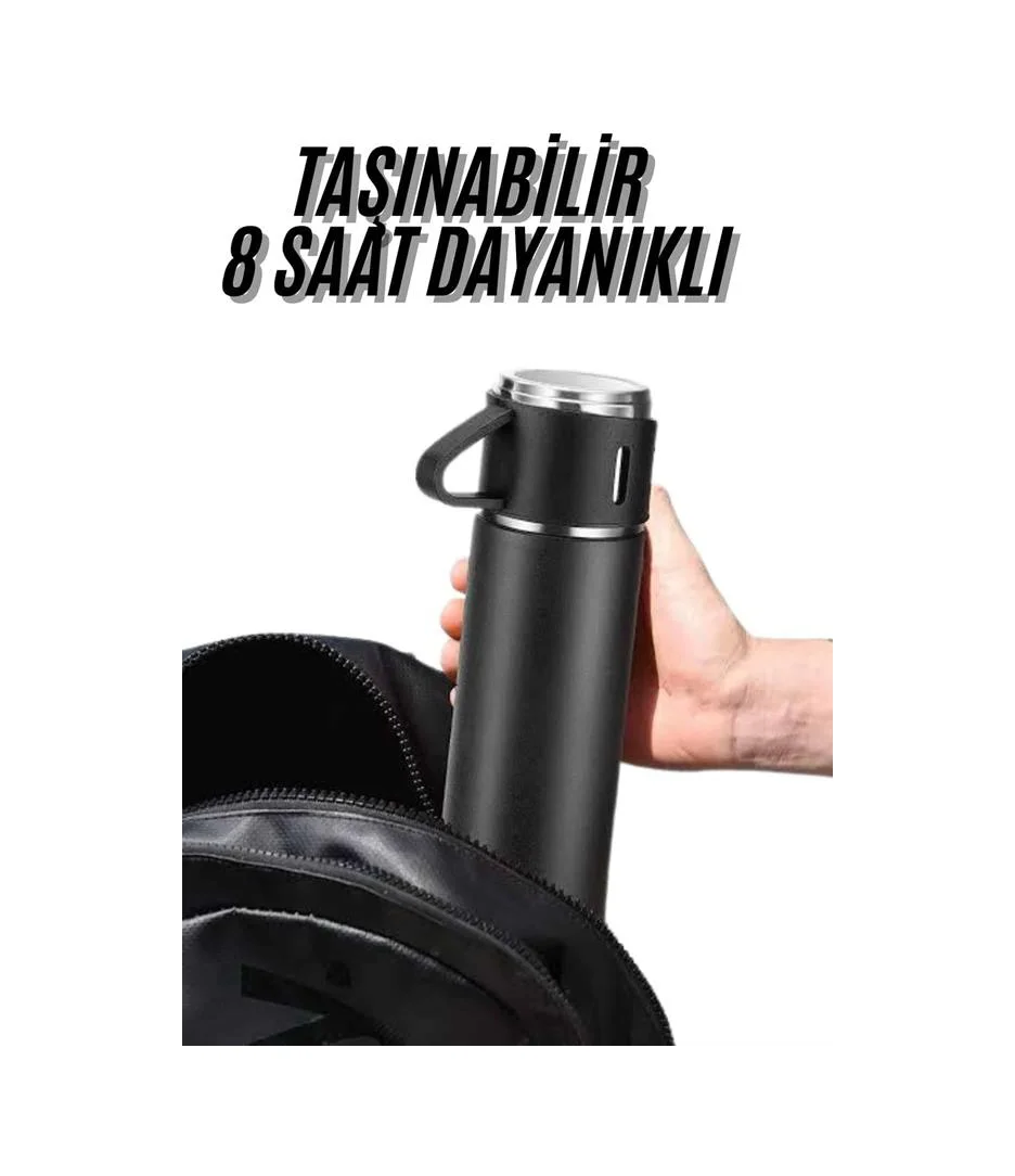 Termos Seti 3'lü Bardak Seti Isı Dayanıklı Siyah Paslanmaz Çelik 