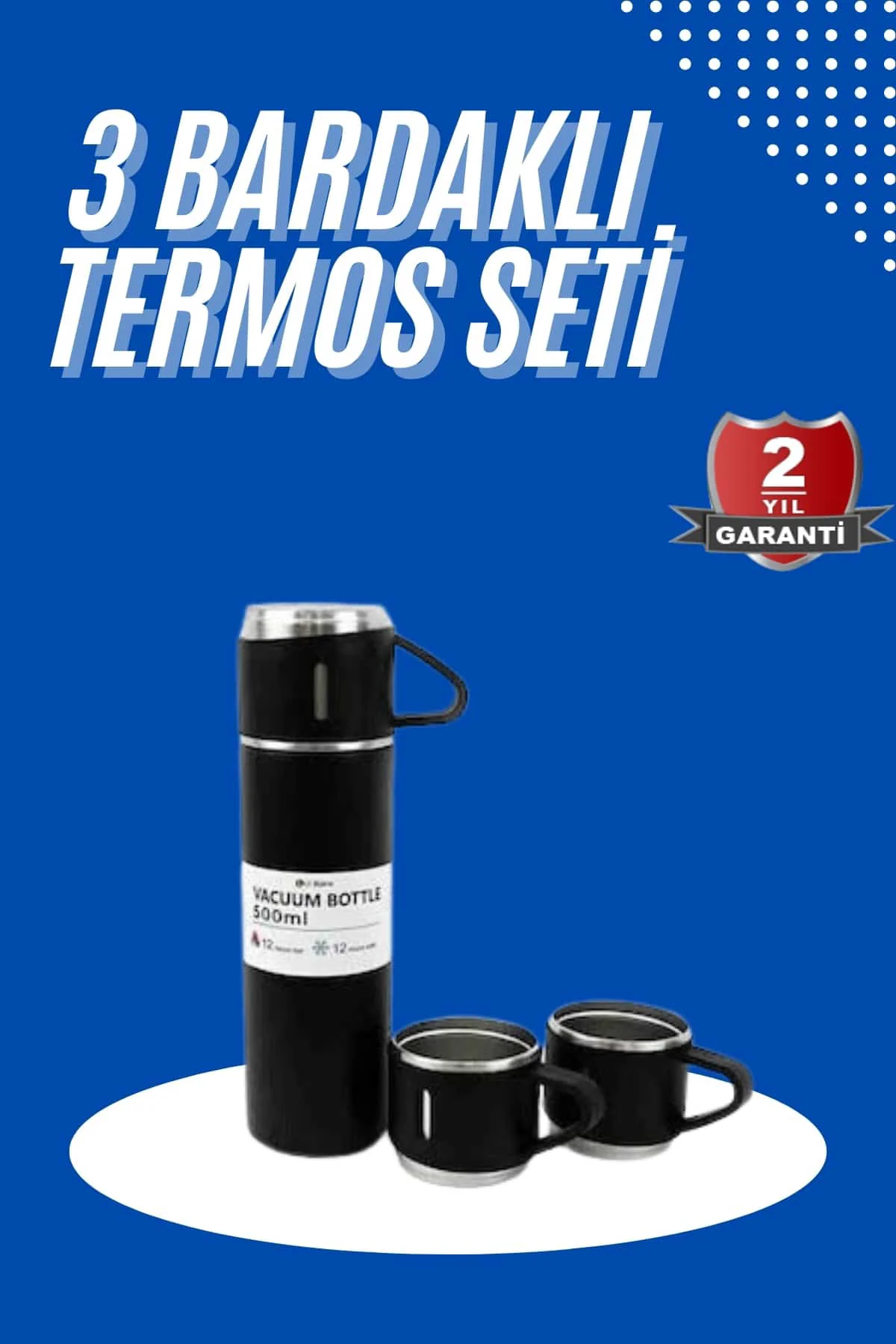 Termos Seti 3'lü Bardak Seti Isı Dayanıklı Siyah Paslanmaz Çelik Vakumlu