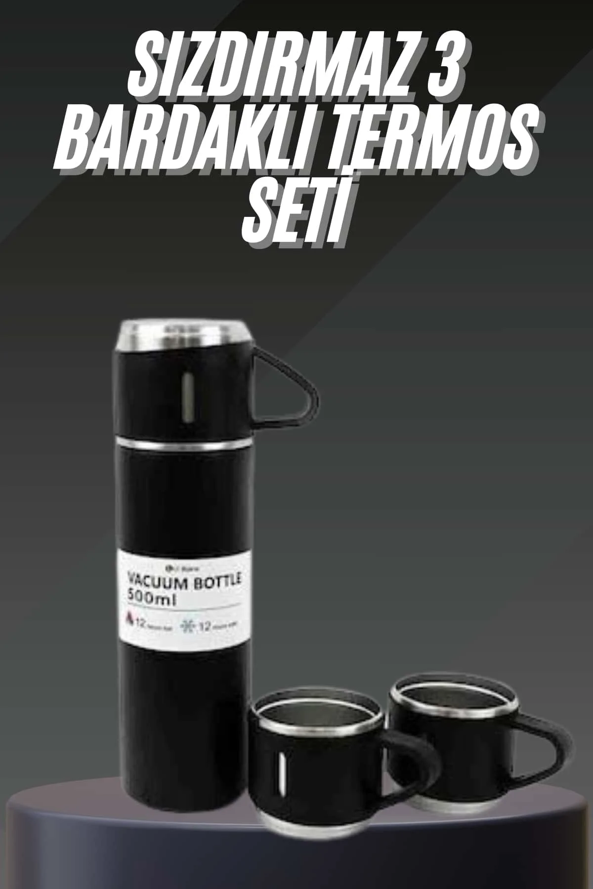 Termos Seti Paslanmaz Çelik 3 Bardaklı Vakumlu Termos Set 500 Ml 12 Saate Kadar Isı Koruma