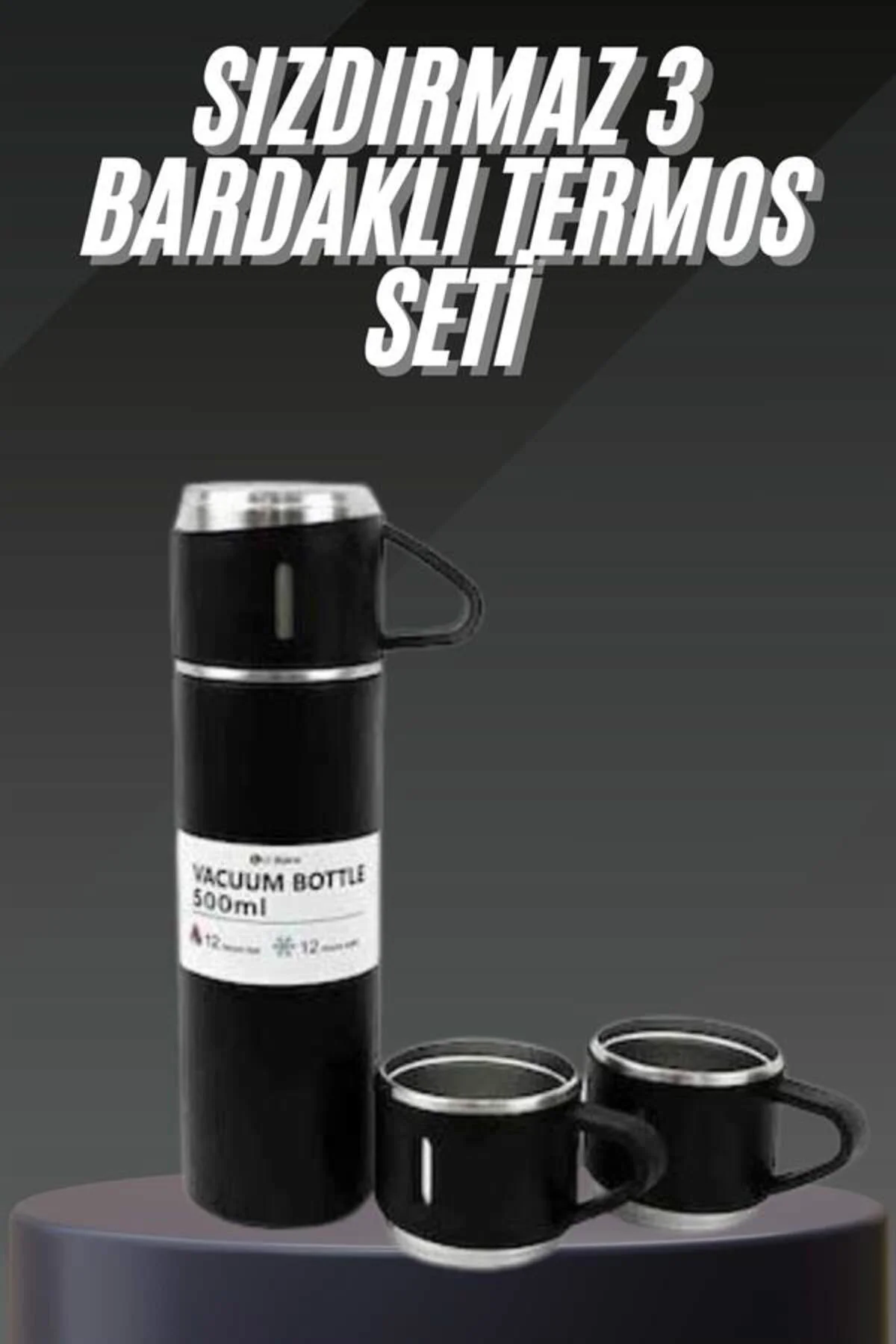 Termos Seti Paslanmaz Çelik 3 Bardaklı Vakumlu Termos Set 500 Ml 
