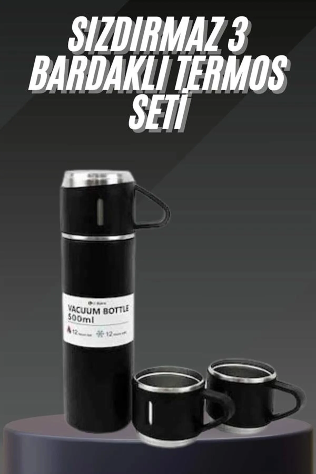 Termos Seti Paslanmaz Çelik 3 Bardaklı Vakumlu Termos Set 500 Ml 