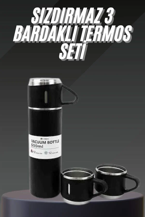 Termos Seti Paslanmaz Çelik 3 Bardaklı Vakumlu Termos Set 500 Ml 12 Saate Kadar Isı Koruma