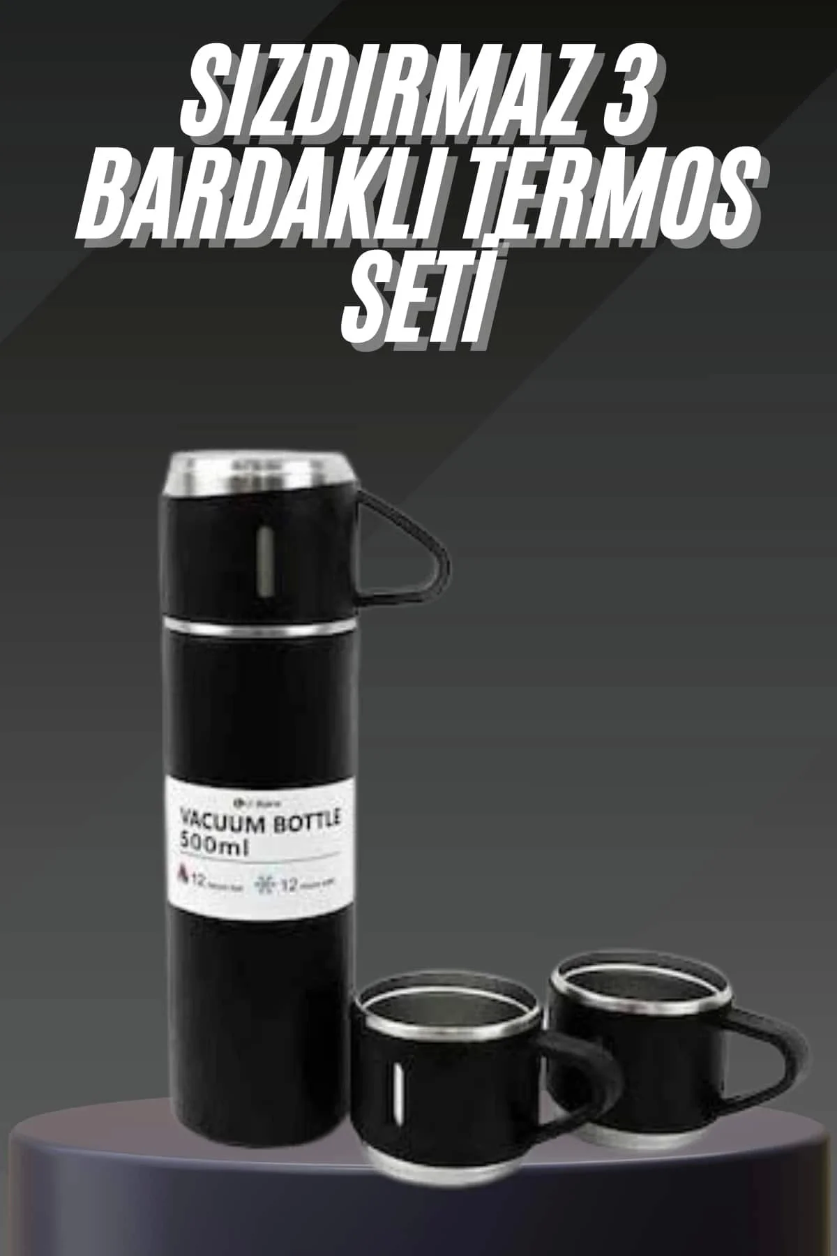 Termos Seti Paslanmaz Çelik 3 Bardaklı Vakumlu Termos Set 500 Ml 