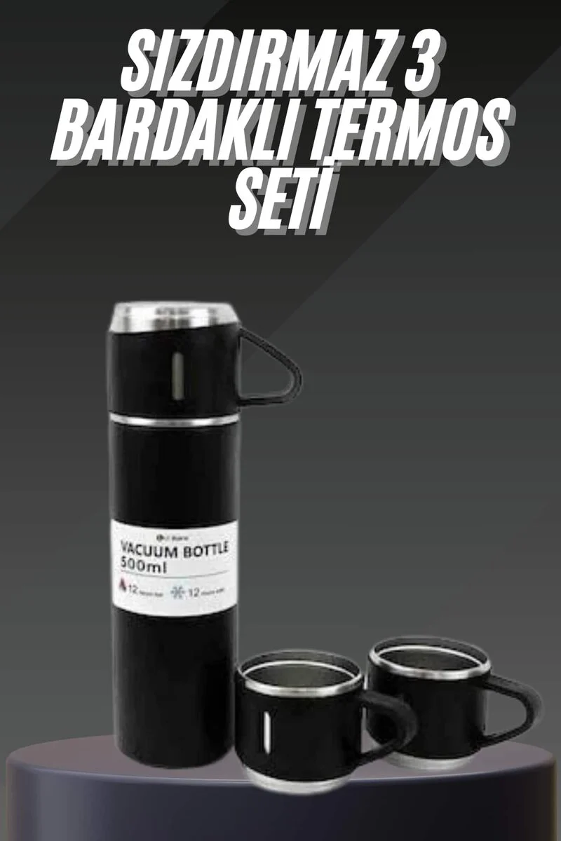 Termos Seti Paslanmaz Çelik 3 Bardaklı Vakumlu Termos Set 500 Ml 