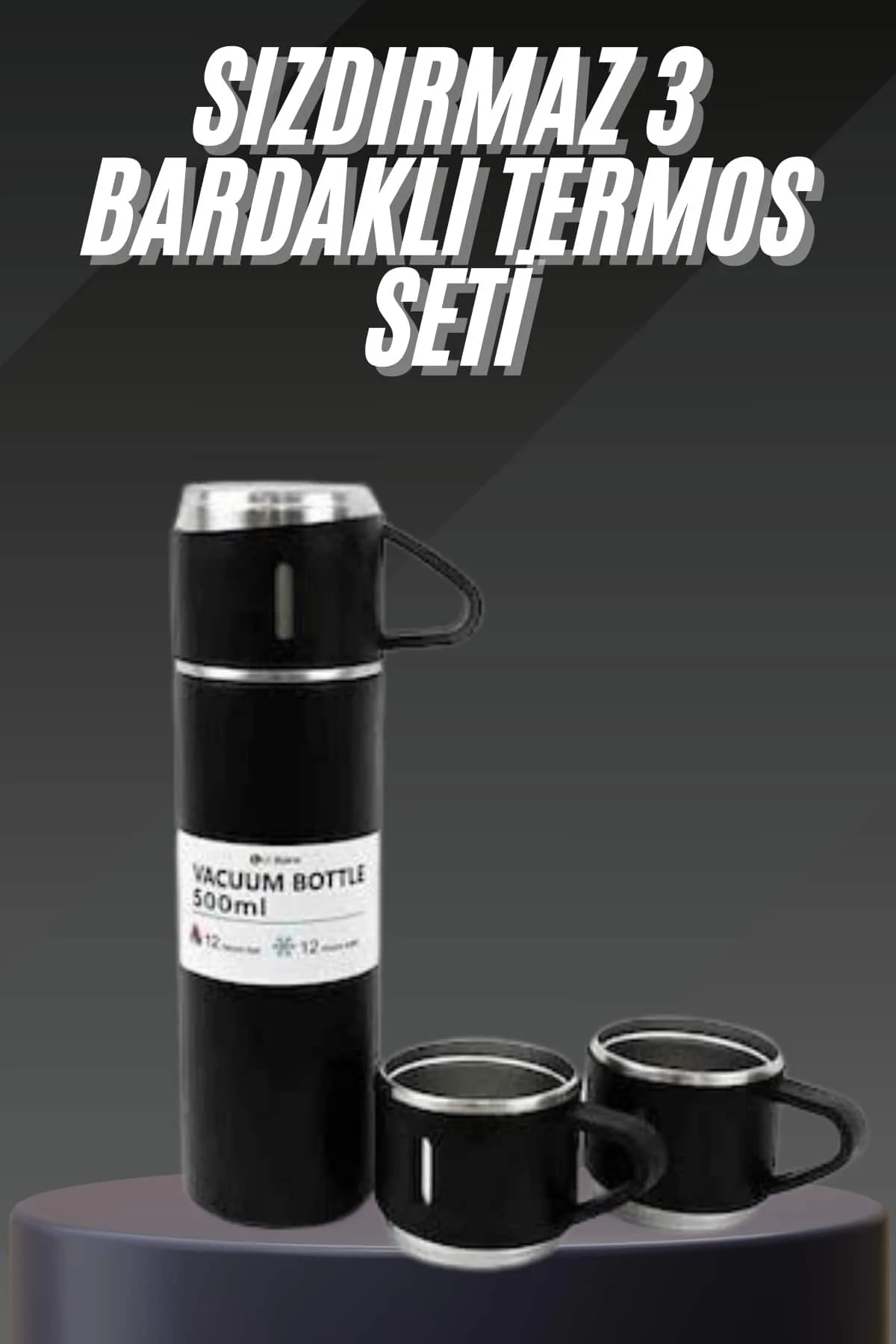 Termos Seti Paslanmaz Çelik 3 Bardaklı Vakumlu Termos Set 500 Ml 