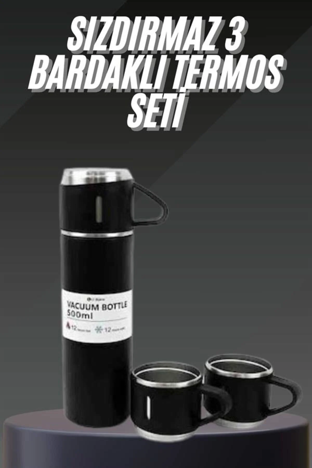Termos Seti Paslanmaz Çelik 3 Bardaklı Vakumlu Termos Set 500 Ml 