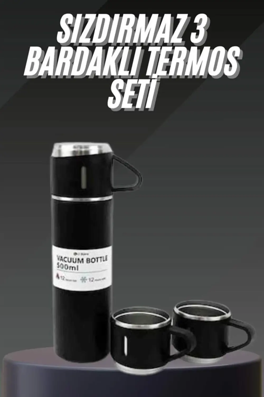 Termos Seti Paslanmaz Çelik 3 Bardaklı Vakumlu Termos Set 500 Ml