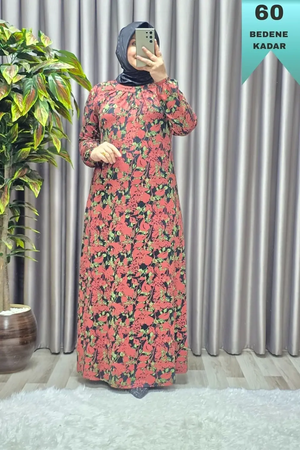 Tesettür Büyük Beden Çiçek Desenli Nostaljik Büzgülü Viskon Uzun