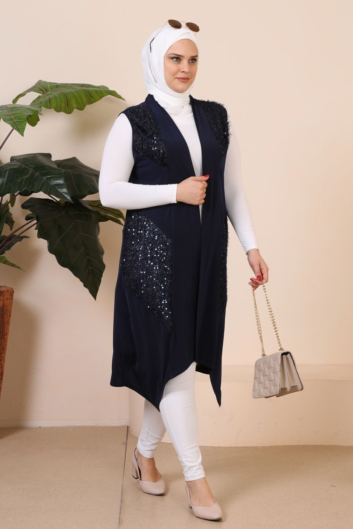 Ferace Tesettur Siyah Kadin Buyuk Beden Yelek Pulpayetli Lacivert