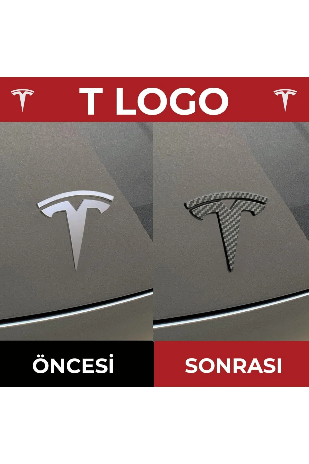 Tesla Model Y ile Uyumlu T Logosu (Ön Kaput + Arka Bagaj + Direksiyon Simit) Parlak Karbon Tesla Model Y ile Uyumlu T Logosu (Ön Kaput + Arka Bagaj + Direksiyon Simit) Parlak Karbon