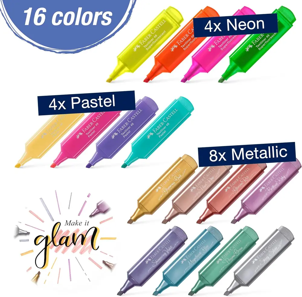 Textliner 46 Fosforlu Kalem Masa Seti - 16 renk